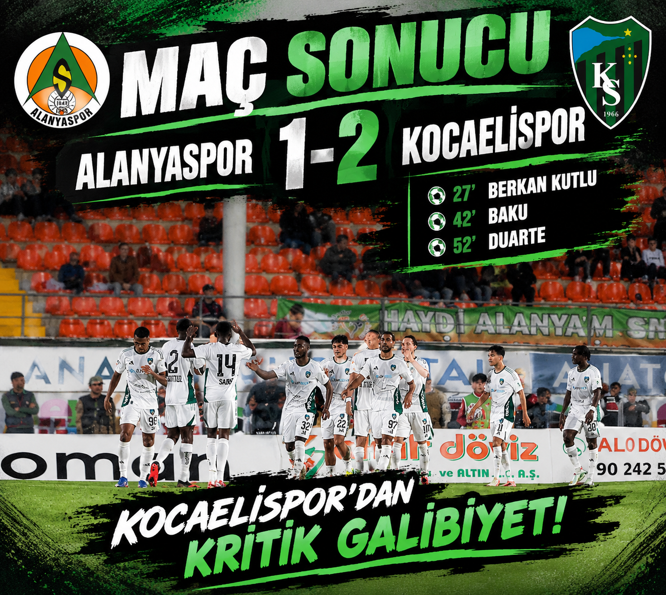 Alanyaspor 1-2 Kocaelispor: Körfez Ekibi Deplasmanda Kazandı