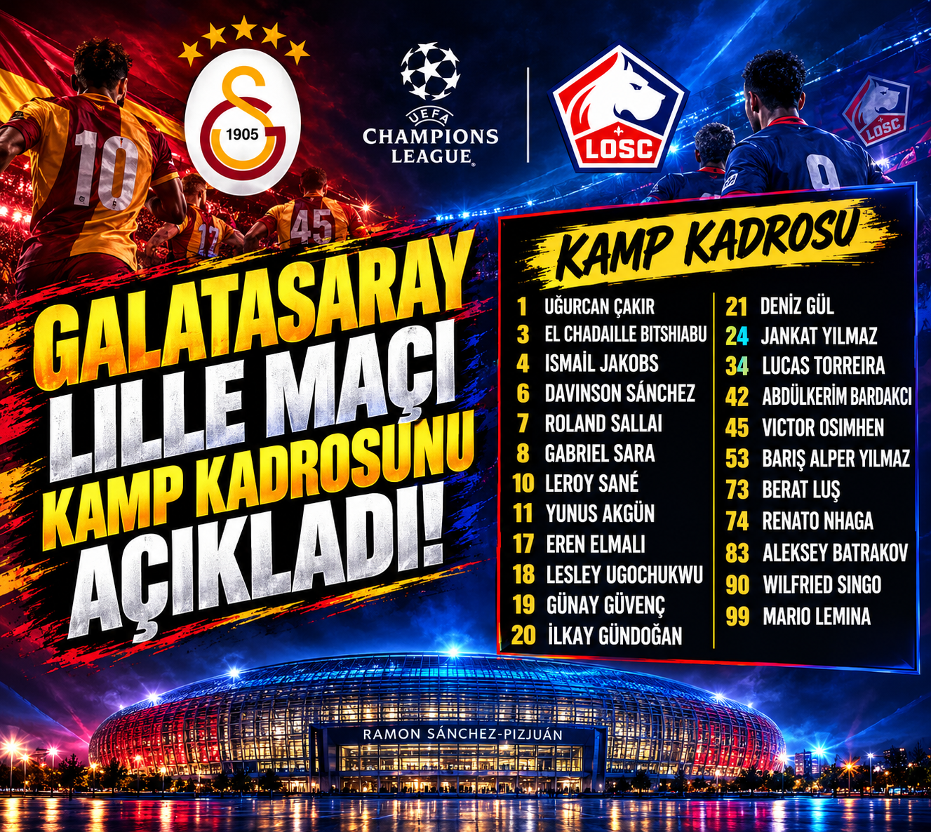 Lille Maçı Öncesi Galatasaray’da Kadro Açıklandı! Singo Sürprizi